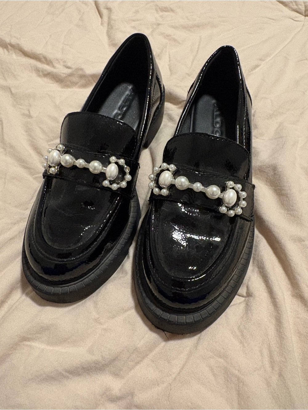 Pearl-Embellished Black Loafers
